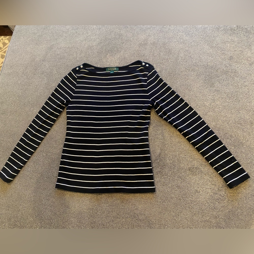 Lauren Ralph Lauren Petite 3/4 Sleeve Black White Stripes Top Sz SP